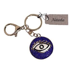 Natasha Evil Eye Handbag Charm Rhinestone Studded Blue Gold Key Chain Ring 4"New